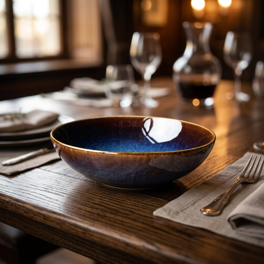Blue kiln porcelain shallow bowl styled on restaurant dining table with glassware
