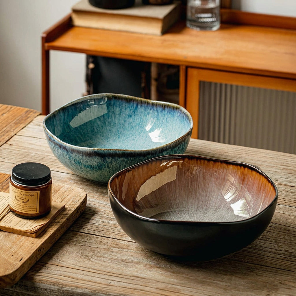 Blue and flame glaze ceramic irregular soup bowls set on wooden surface
