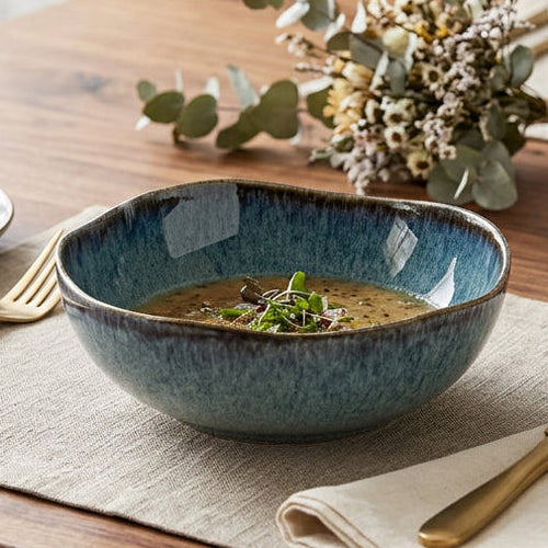 Blue glaze ceramic irregular soup bowl with soup and herb garnish
