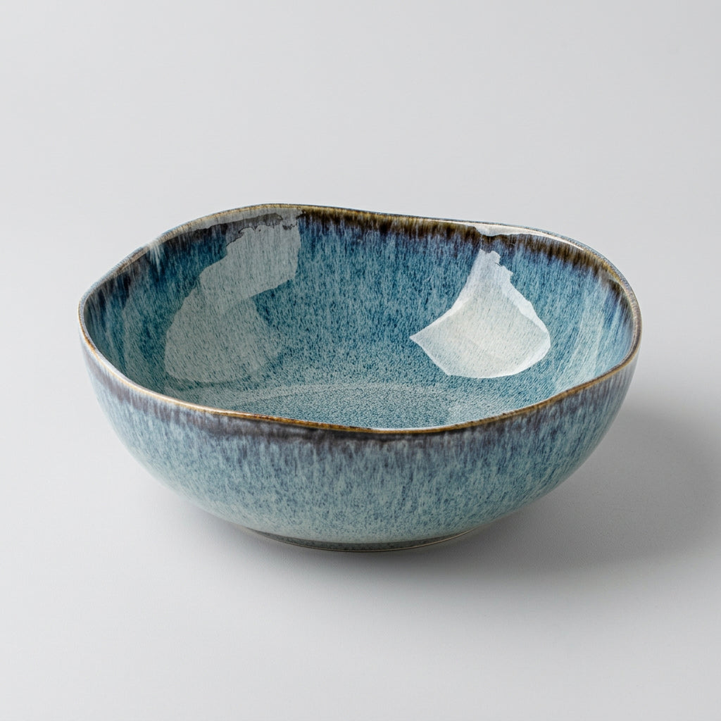 Blue glaze ceramic irregular soup bowl on clean studio background
