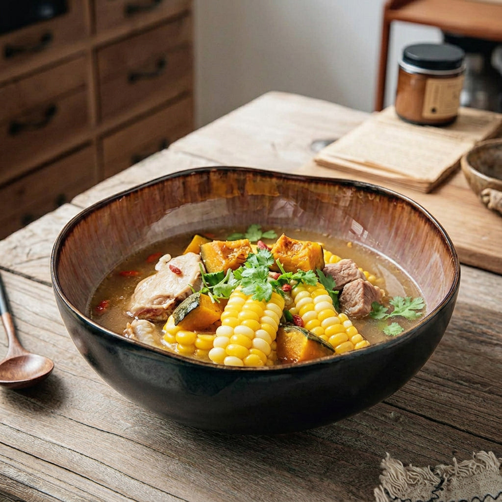 Flame glaze ceramic irregular bowl with food styling on dark table
