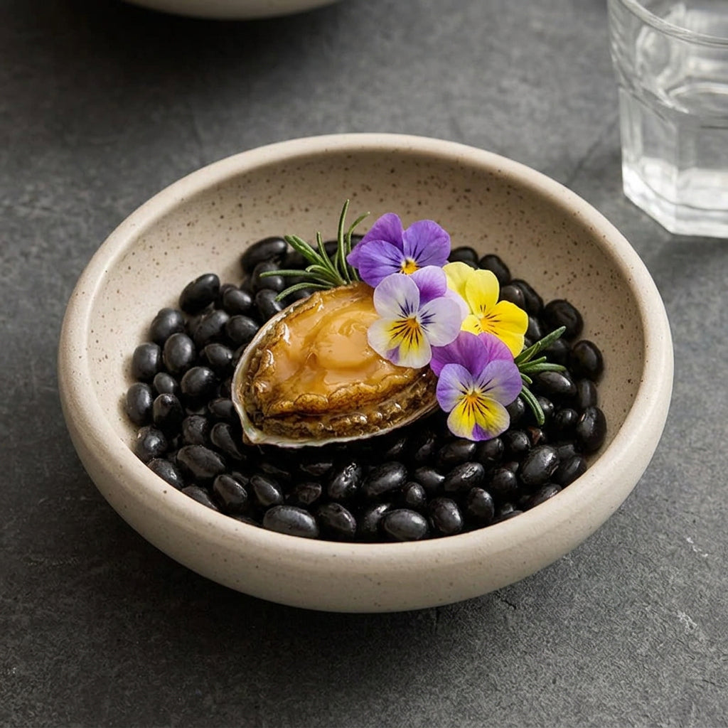 Sesame glazed ceramic conical bowl with black beans and edible flower garnish
